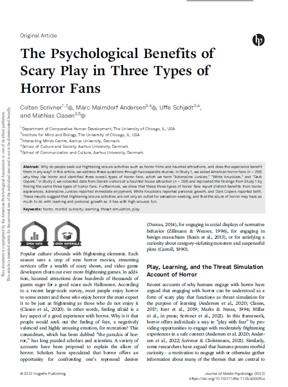 New publication from the lab: 'The Psychological Benefits of Scary Play in Three Types of Horror Fans,' out now in @JMP_Hogrefe. We find that 'the allure of horror may have as much to do with learning and personal growth as it has with high-arousal fun.' econtent.hogrefe.com/doi/10.1027/18…