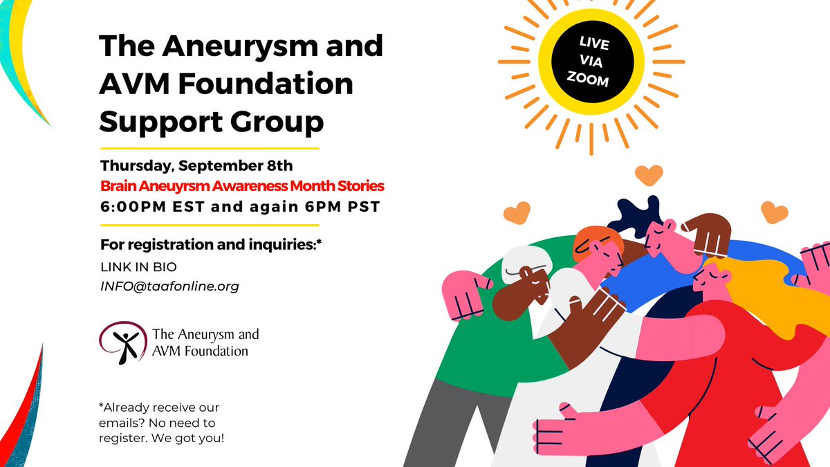 TAAF's tweet photo. Join your community this Thur, 9/8 from 6-8PM EST & again 6-8PM PST. https://t.co/JIOW9ZA9IH
Already receive our emails? No need to reg. We got you!
#supportgroup #brainaneurysm #arteriovenousmalformation #AVM #brainAVM #stroke #brainaneurysmsupport #AVMsupport #strokesupport https://t.co/tVI860bCNh