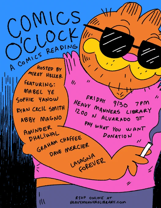 Big Comics Weekend at @heavymannerslib!
Fri 9/30 7pm Comics O'Clock, featuring: @mobblele @sophieyanow Ryan Cecil Smith @baby__mango @aminder_d @GrahamChaffee and @MercWorks 