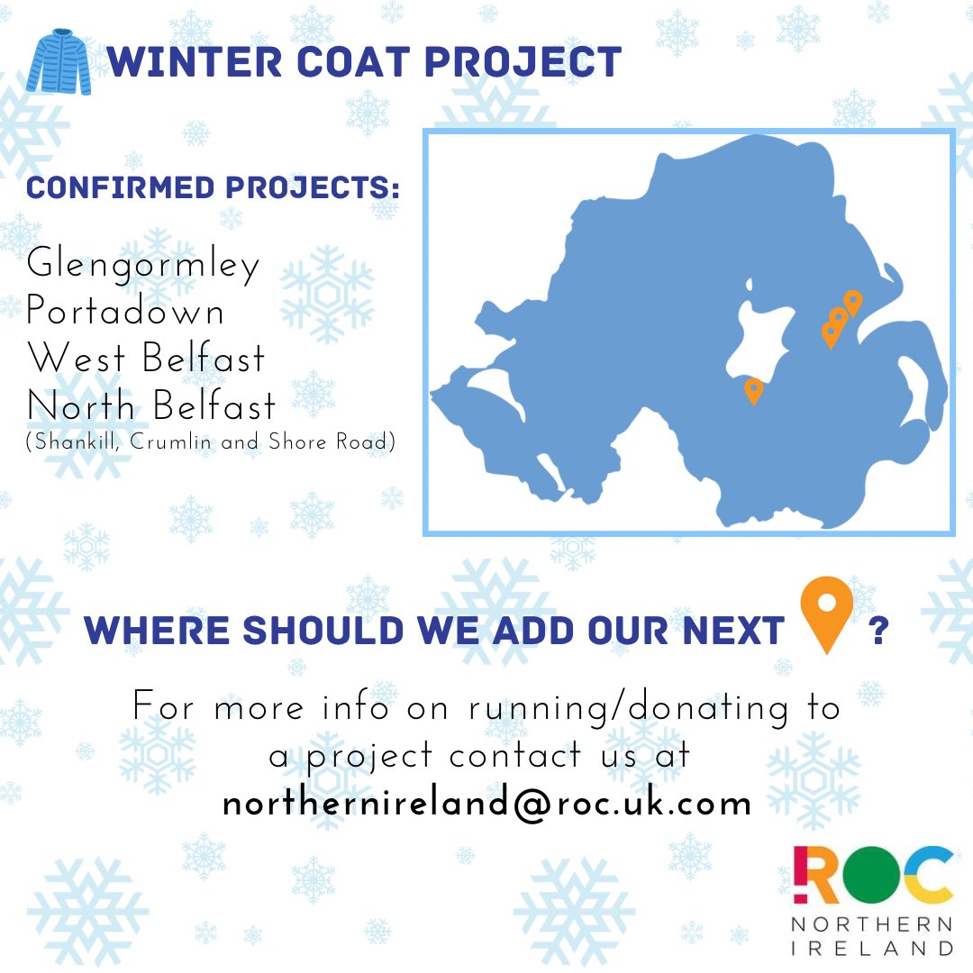 ROC_NI's tweet photo. We already have 6 locations confirmed, but it would be great to add a few more onto this list!
If this is something that you would like to be involved in, then why not get in contact with us for more info!
#rocnorthernireland #wintercoatproject #costoflivingcrisis #costoflivinguk https://t.co/zR00RO9lrc