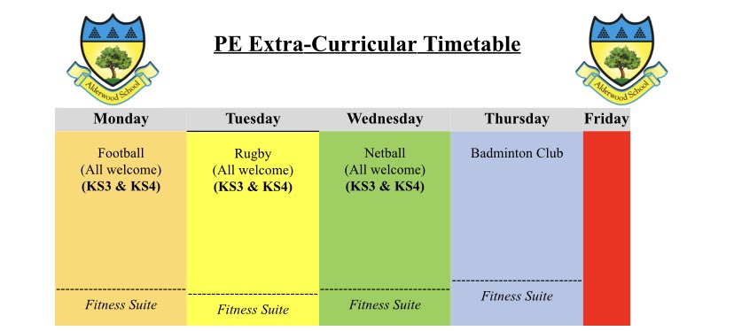✨ PE Extra-Curricular Timetable ✨ 

Our clubs will start on Wednesday 7th of September, including Year 7 Football trials. See you all there!