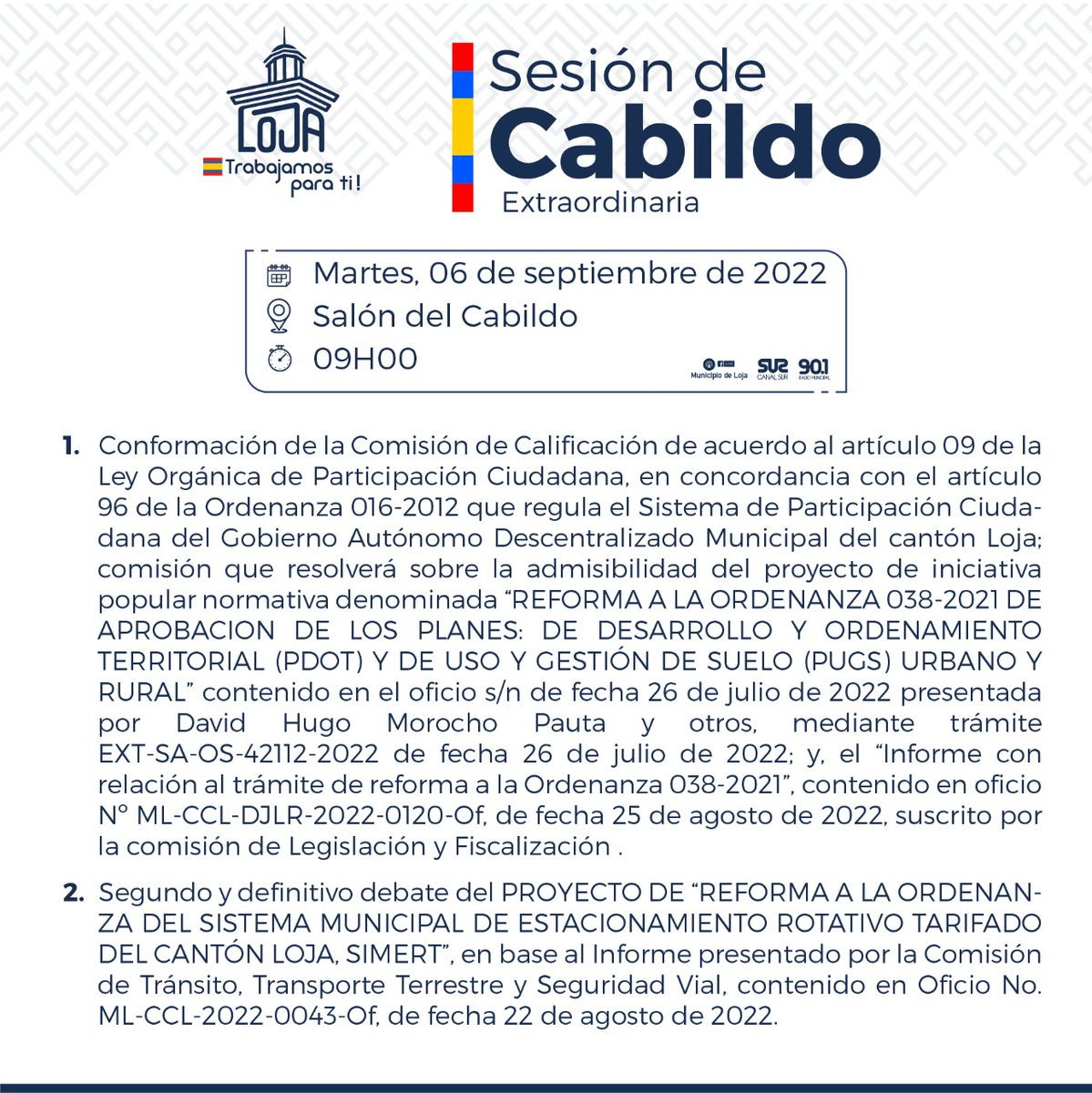 MunicipioDeLoja's tweet photo. 📢 Convocatoria a sesión de Cabildo 👇 https://t.co/fJgJA3Ohca