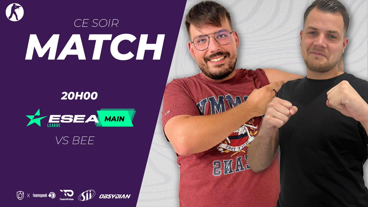 🎯 | 𝗠𝗔𝗧𝗖𝗛 | 🎯

Aujourd'hui, nouvel affrontement pour nos joueurs #CSGO ! ⚔️

⏰ 20h00 : VS BEE ! 👊

On donne tout pour ce match #ESEA Main ! 🔥 

#ForzaP5 #CSGOMain 💙💜