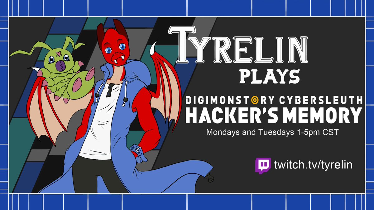 Tyrelin's tweet photo. Going live in just under half an hour with more #Digimon  CS: Hacker's Memory! #twitch Also, shout out to @LexaileB again for this amazing artwork! https://t.co/EmkV6RmTwY https://t.co/sVt2tDPAbb