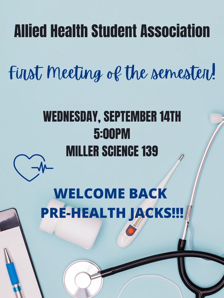 Welcome Back Again Jacks!!🥳
Below is the information for our first meeting of the semester! We would love to see y’all there. Bring your other pre-health buddies as well!!

See you soon! AXE’EM🩺🪓

Feel free to DM us with any questions you might have.