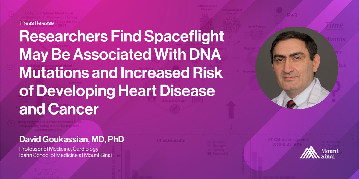 Spaceflight may be linked to DNA mutations and an increased risk of developing #cancer and #heartdisease, according to results from a study led by Dr. David Goukassian (@DGoukassian): mshs.co/3KBBtNL #CardioTwitter @IcahnMountSinai