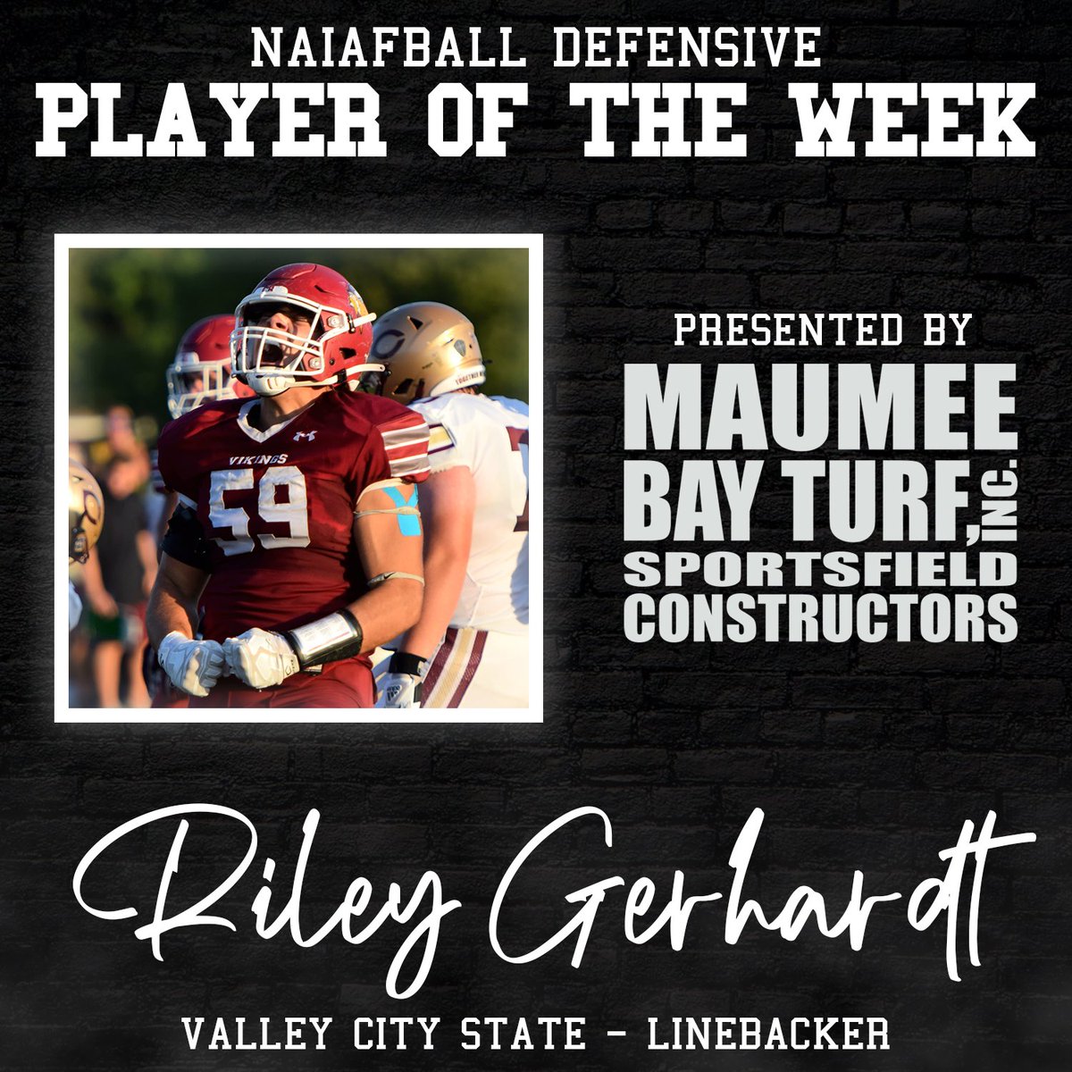NAIAFBALL's tweet photo. WEEK 1 PLAYERS OF THE WEEK PRESENTED BY @maumeebayturf

Offense: Jase Orndorff
- 19/35, 356 yards, 5 TD, INT

Defense: Riley Gerhardt
- 20 tackles, 2.5 TFL, sack https://t.co/KtNRqJ7At9