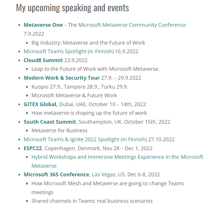 vesanopanen's tweet photo. Looks like an exciting autumn when it comes to #Community, #Metaverse and #MicrosoftTeams!
Several events are also in-person or hybrid, it means I will travel a bit!
@MetaverseConf @SulavaOy #C8Sum @MicrosoftSuomi @GITEX_GLOBAL @M365Summit @EuropeanSP @M365CONF https://t.co/RM91ouDkgC