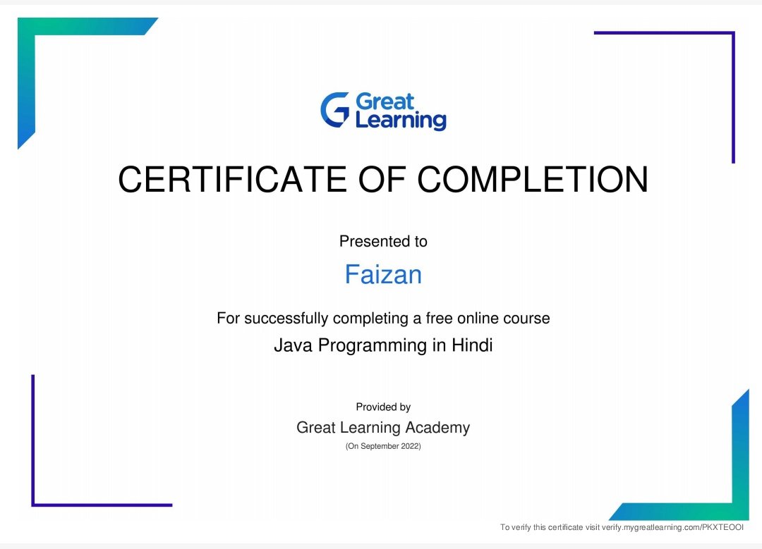 faizanstwt's tweet image. Wow😊😊😊🥀🥀🥀 
#Java #javaCertified #Coding #programming #java #computerScience #mdfaizanofficial @java @Great_Learning