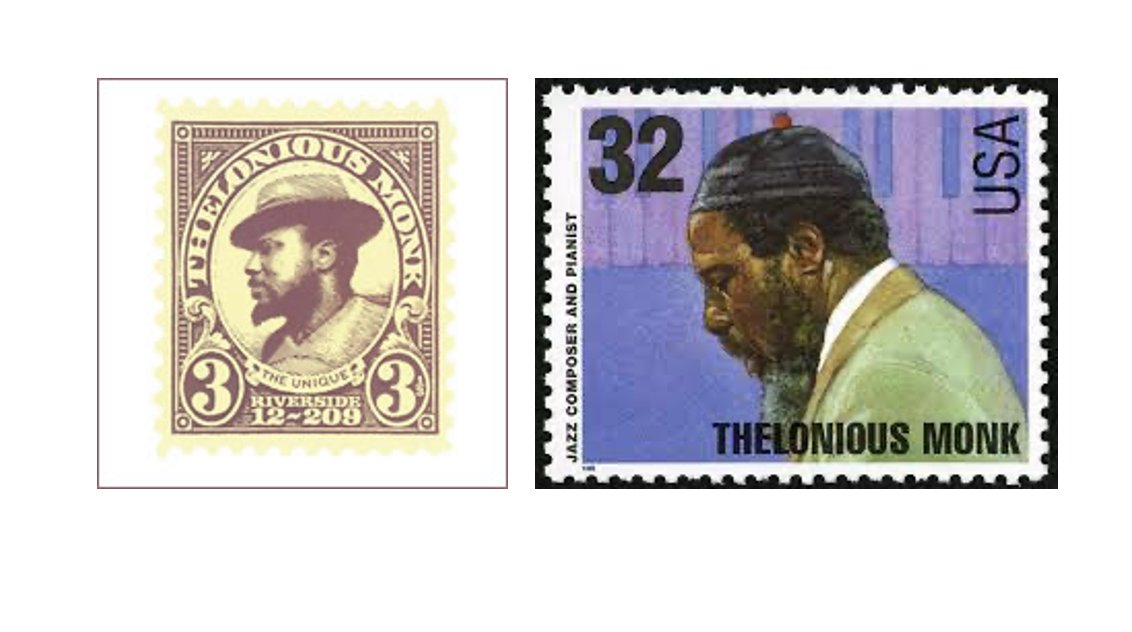 tedgioia's tweet photo. When Thelonious Monk's label Riverside created imaginary postage stamps (left) to help market a 1956 album, the US Postal Service issued a restraining order to stop them. But 39 years later, the USPS released an actual Thelonious Monk postage stamp (right). https://t.co/6GqN83rahm