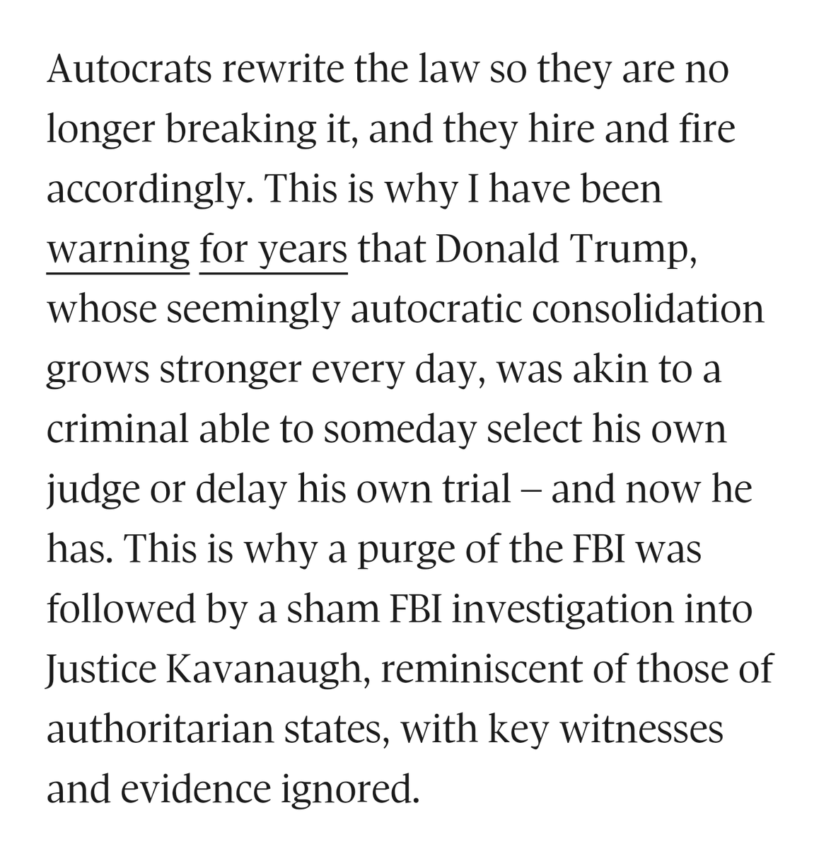 sarahkendzior's tweet photo. From an op-ed I wrote in Sept 2018: "I have been warning for years that Donald Trump is akin to a criminal able to select his own judge or delay his own trial -- and now he has." 

https://t.co/kCDQJzg800 https://t.co/0Qv9G2wHuc