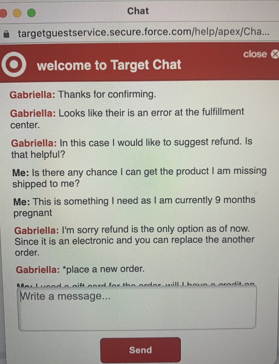 gracekolnberger's tweet photo. Hey @Target, it’s a little ridiculous that because of a mistake made by your fulfillment center I have to reorder an item I didn’t receive AND wait 5 days for the refund. https://t.co/TKciprVNTQ