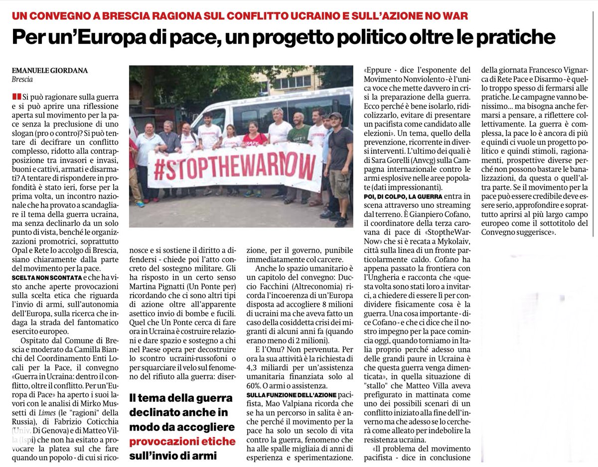 UnPontePer's tweet photo. @emgiordana scrive del convegno di Brescia «#Guerra in #Ucraina: dentro il conflitto, oltre il conflitto. Per un’Europa di Pace» e racconta anche il lavoro di #pace che stiamo facendo. @RetePaceDisarmo
@martina_upp
#EuropeForPeace #AllForPeace #PeaceSupportUkraine #StopTheWarNow https://t.co/OcDmG1gPQT