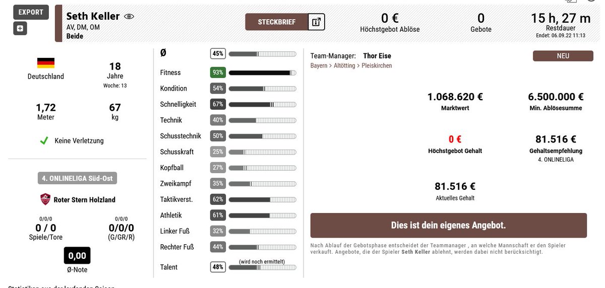 Unser Nachwuchstalent Seth Keller steht zum Verkauf. Obwohl die aufgerufene Ablösesumme von 6,5 Millionen eh bereits sehr günstig ist, sind wir aufgrund der schwierigen gesamtwirtschaftlichen Lage verhandlungsbereit, falls ein Verein Interesse hat. #onlineliga
