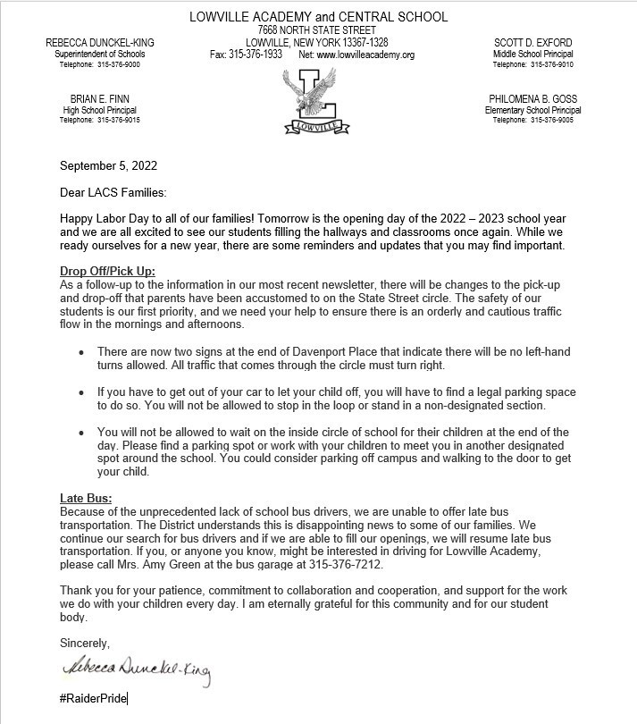 Please see important updates from the LACS district. (Also updated on our website and social media sites). We are excited to see all of our students tomorrow. We are going to have a great year!