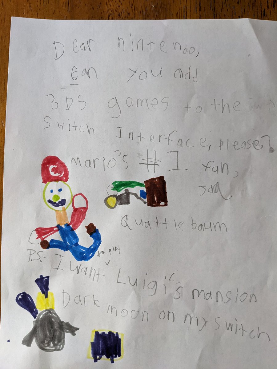 JamesQuatt's tweet photo. Hey @NintendoAmerica , my son Jaq has some suggestions for his switch.  He especially wanted you to know he is Mario's biggest fan.  Thx. https://t.co/KoLhxalBg9