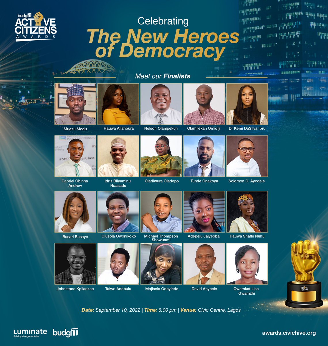 We are happy to celebrate the Active Citizens Awards finalists. @budgitng will be spotlighting these individuals making groundbreaking impacts within the civic ecosystem in Nigeria. Congratulations to all the nominated heroes.👏

#ACA2022