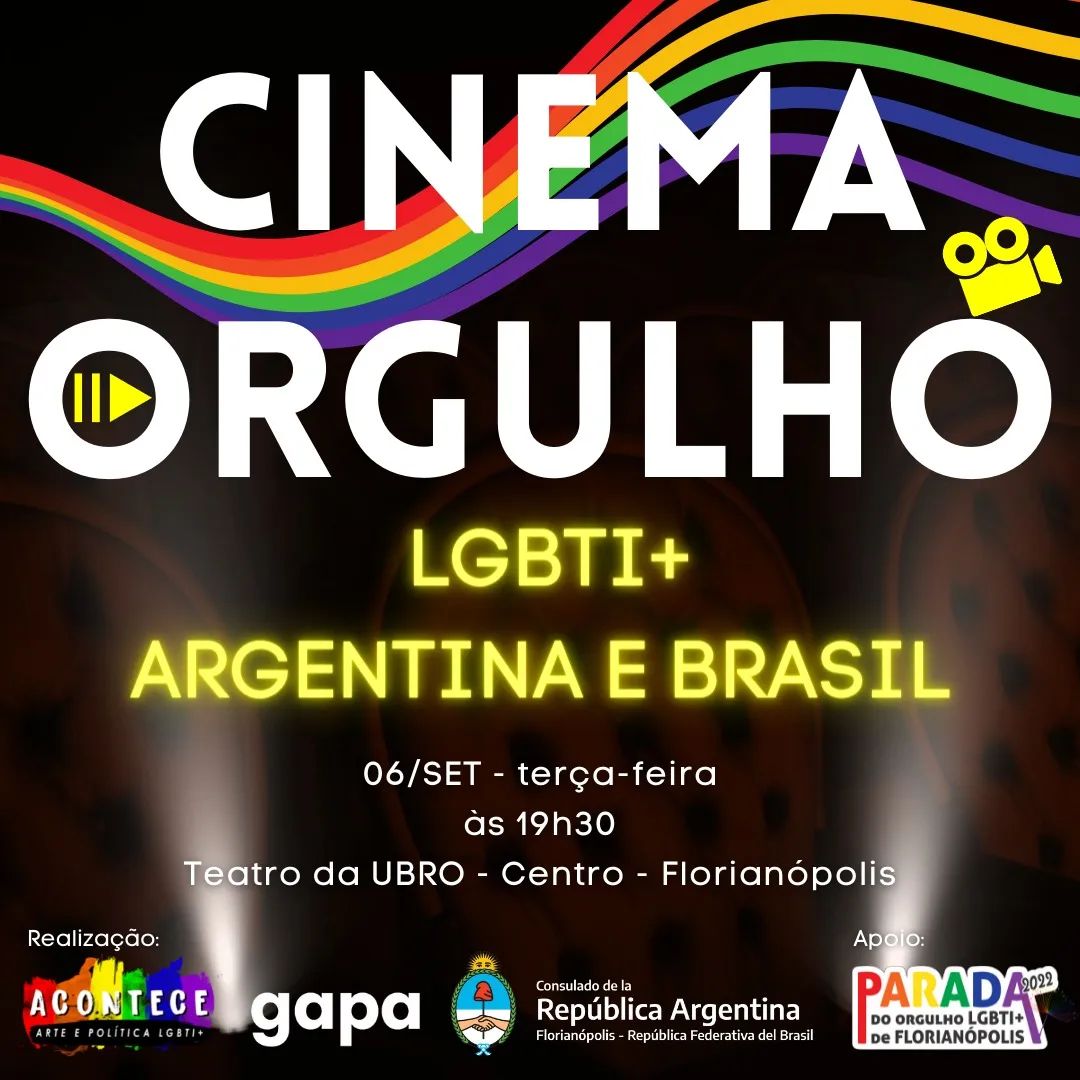 carlaayres's tweet photo. Se liga no programa incrível pra amanhã:

🏳️‍🌈Cinema Orgulho LGBTI+🏳️‍⚧️
🇦🇷Argentina e Brasil🇧🇷

🎥Terça-feira 19h30
📍Local: Teatro da Ubro
R. Pedro Soares, 15 - Centro - Floripa

Realização: @AconteceLgbti, @gapahivsc e Consulado de la República Argentina https://t.co/7fc35sbuM6