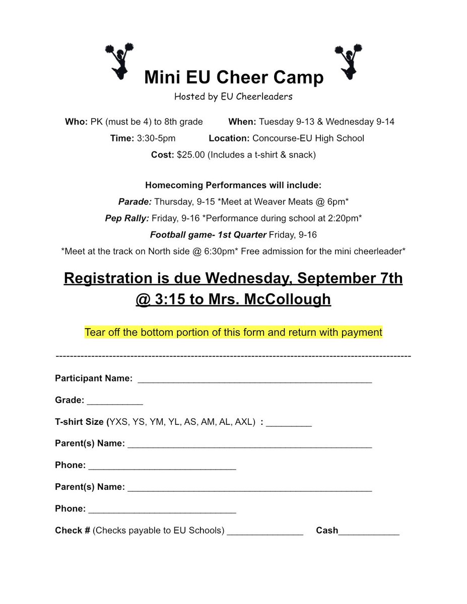 CheerEu's tweet photo. 📣 Mini Cheer Camp 
⏰ Deadline Wednesday, September 7th @ 3:15pm

So excited for all the mini cheerleaders to show their Eagle spirit! 
💙🦅🤍 https://t.co/goTe57ntYU