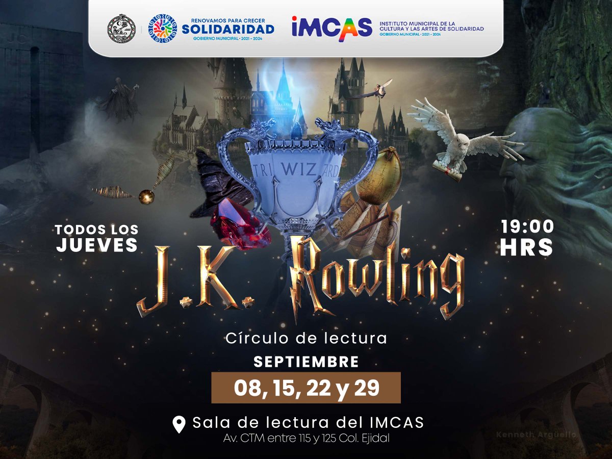 Todos los jueves del mes de septiembre tienes una cita con J.K. Rowling, nos vemos a las 7:00 p.m. en la sala de lectura del IMCAS. -Entrada libre-  #RenovamosParaCrecer