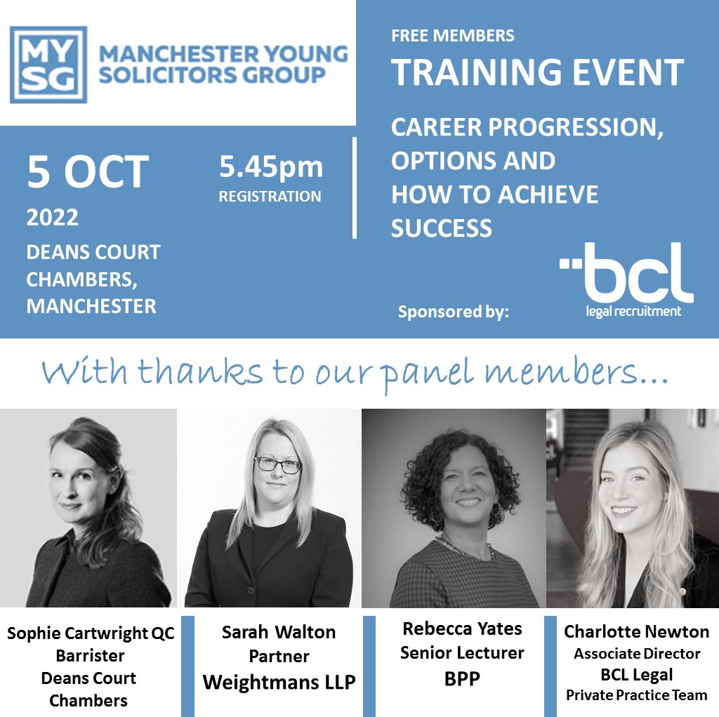 Register now! > lnkd.in/eegABF45 ...Wednesday 5 October - Manchester Young Solicitors Group - MYSG Training event at Dean Court Chambers on career progression, options and how to achieve success!
#ManchesterLawyers #ManchesterYoungSolicitorsGroup #LegalCareerAdvice