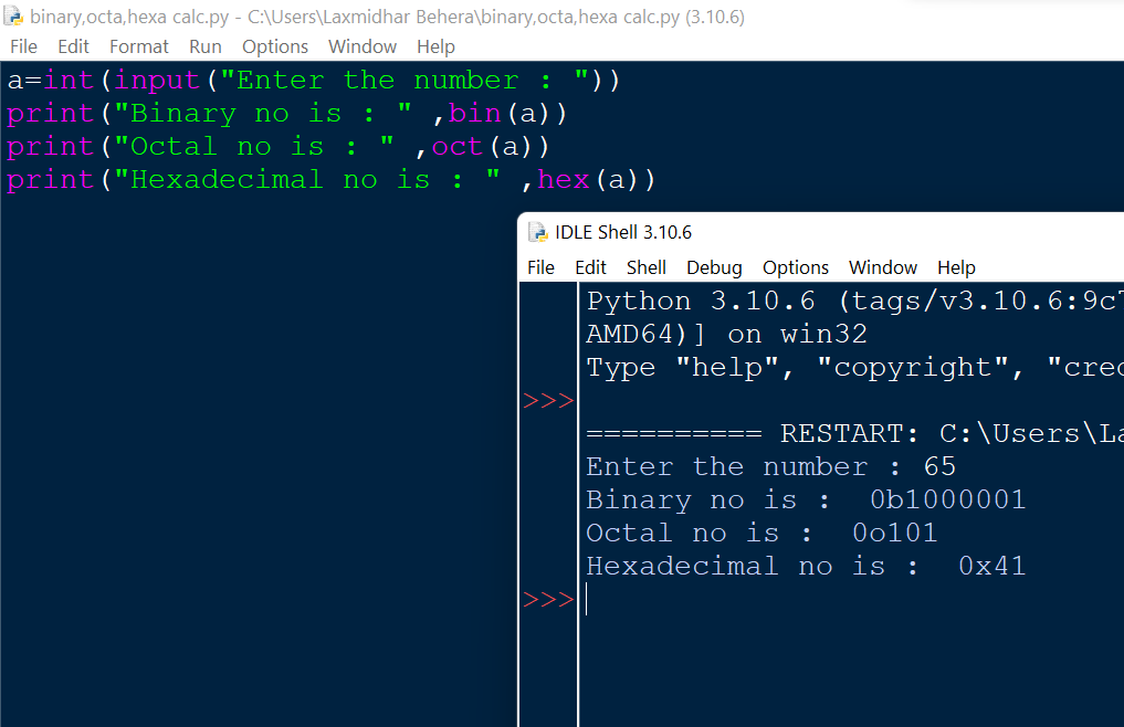 Laxmidharb13's tweet image. Binary,Octal,Hexadecimal of Inpun Number.
#learn_python
#consistency