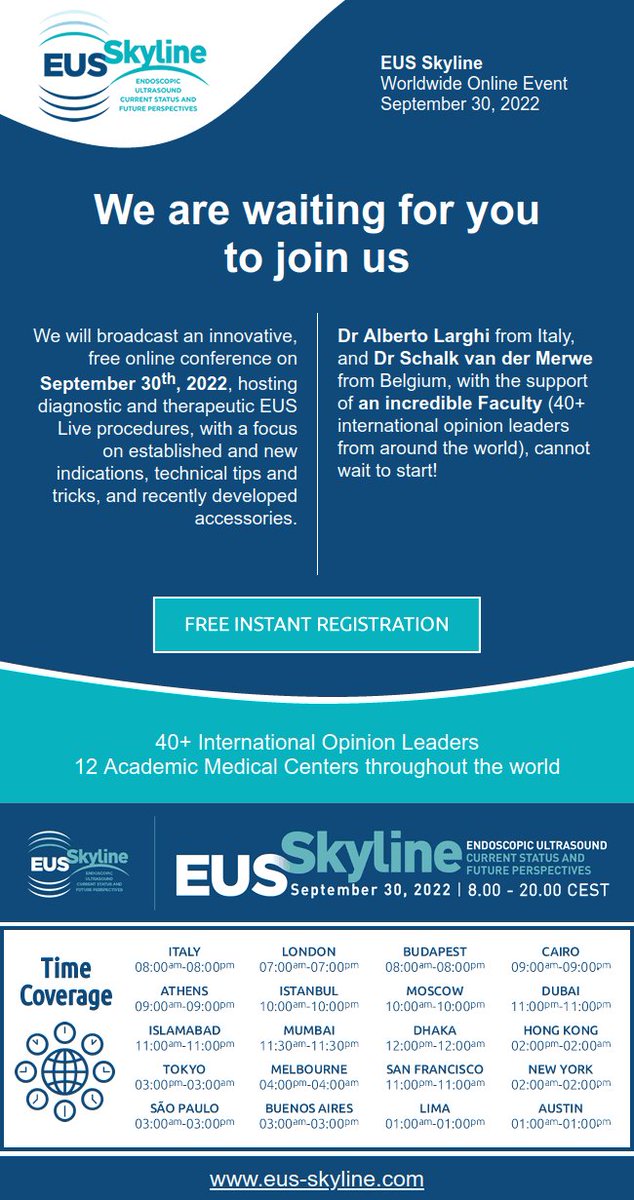 EUS Skyline. Free Registration: eus-skyline.com/instantfreereg…
25 days to go!
#GITwitter  #ultrasound #endoscopy #endoscopiadigestiva #endoscopia #eventsts #Endosonography #ultrasoundtech