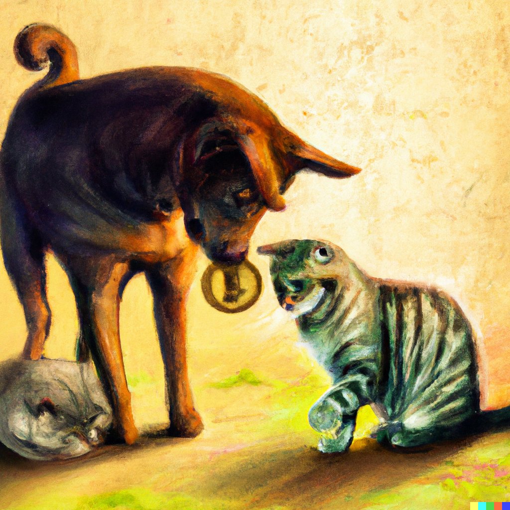 Just got whitelisted on DALL-E. Guess what we tried to make the #AI generate? 
Description given: "Cats stealing Bitcoin from dog, in realism painting style."
Here's what the AI did.

Retweet and leave your description below and let's see what you get. <must have Katz in it>