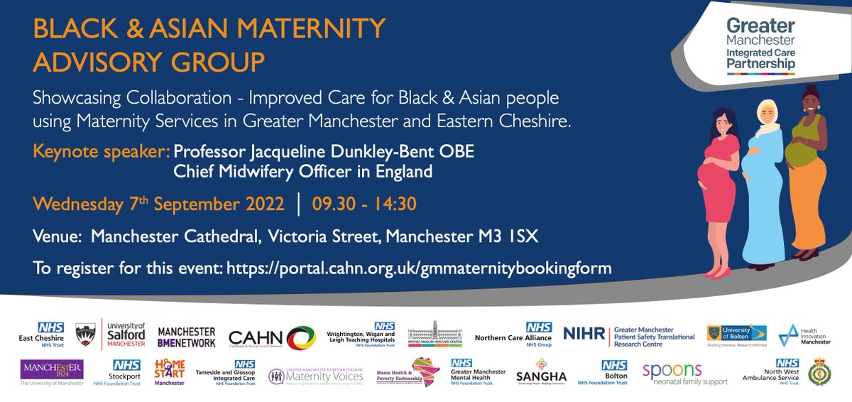 Are you a Black or Asian woman with experience of maternity services in Greater Manchester? Come to our event to see what we have been doing in Greater Manchester to address inequalities for Black and Asian women.

Register here: portal.cahn.org.uk/gmmaternityboo…