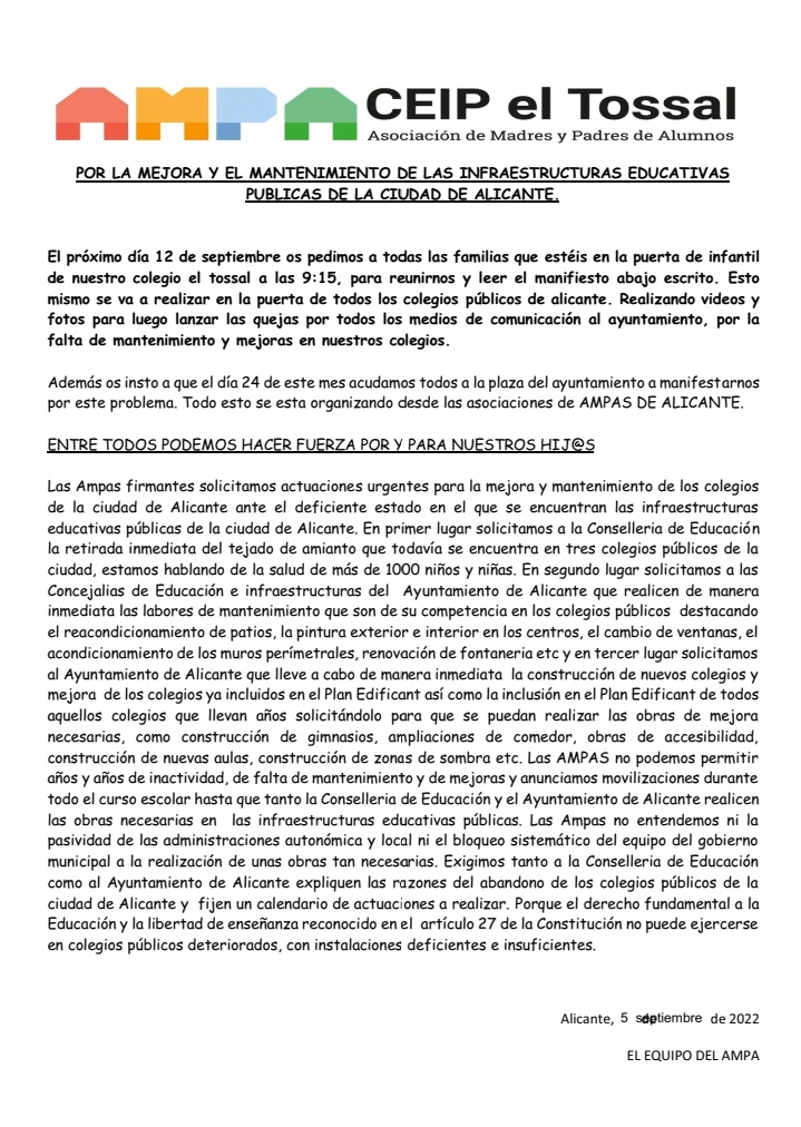 Buenas tardes familias! 

Os animamos a participar, el día 12 de septiembre en la puerta del colegio a las 9.15 horas y el día 24 de este mes en la plaza del ayuntamiento.

Cuantos más seamos más fuerza 💪 haremos!!!!