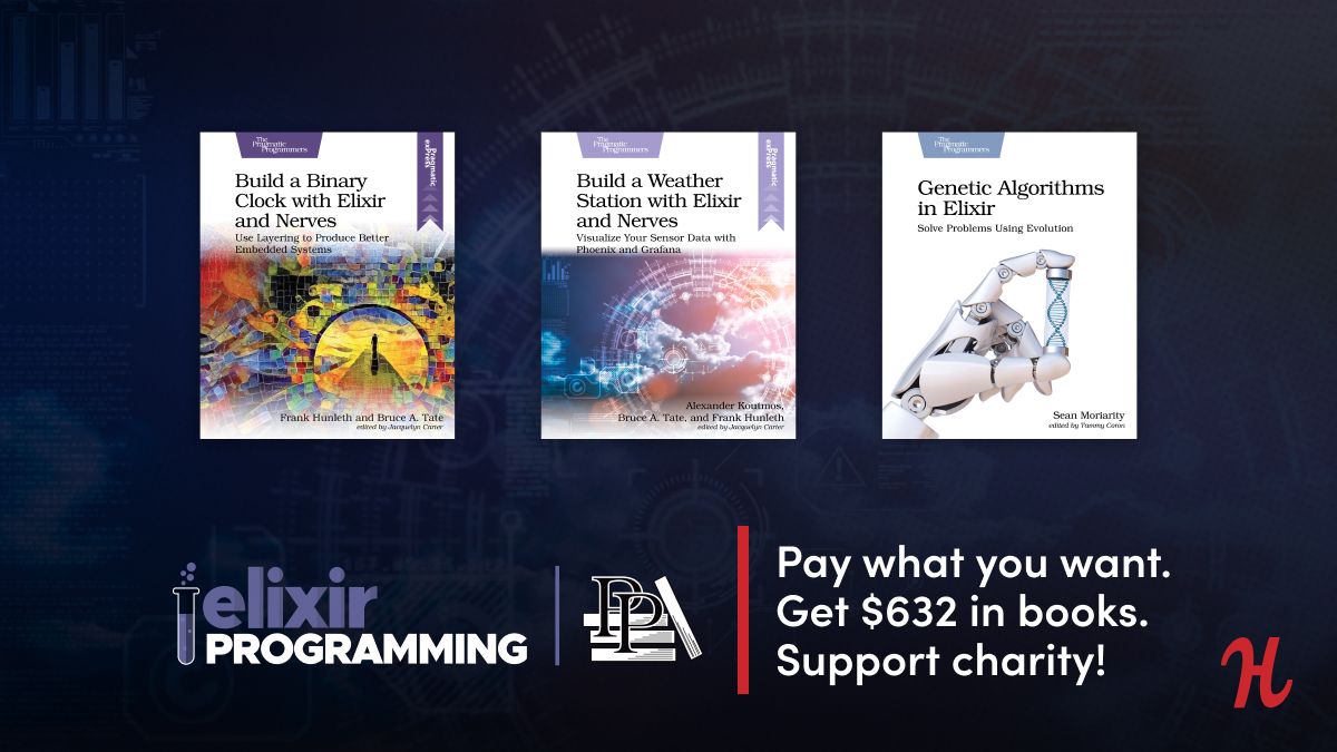 humble's tweet image. Want to learn to code using #Elixir? We've teamed up with the programming pros at @pragprog for a bundle of ebooks to show you how!
Pay what you want and support @Active_Minds!
ow.ly/aqyX50KzhS9