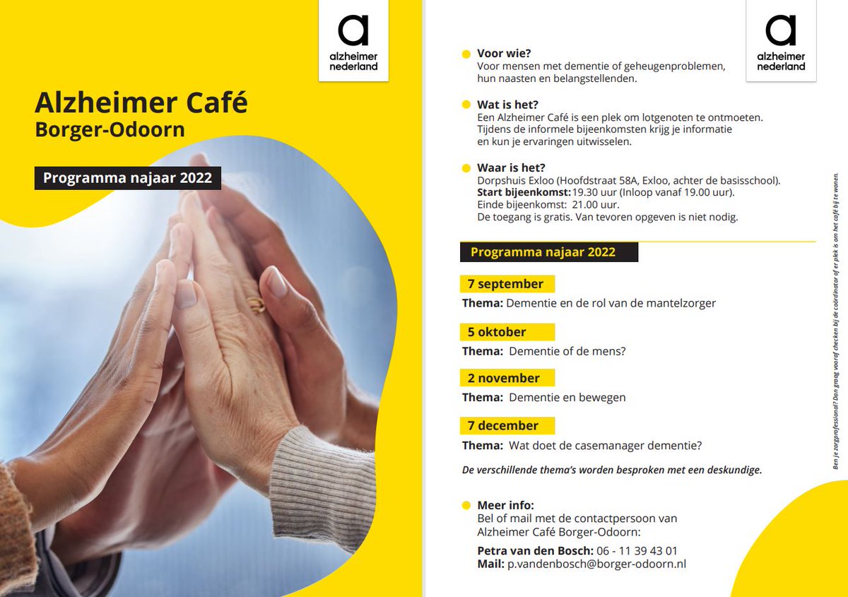 woensdag 7 september Alzheimercafe @gemeenteBO  <a href="/AlzDrenthe/">Alzheimer Drenthe</a> <a href="/alzheimernl/">Alzheimer Nederland</a> #dorpshuis #exloo Met dank aan initiatiefgroep. alzheimer-nederland.nl/regios?locatie…