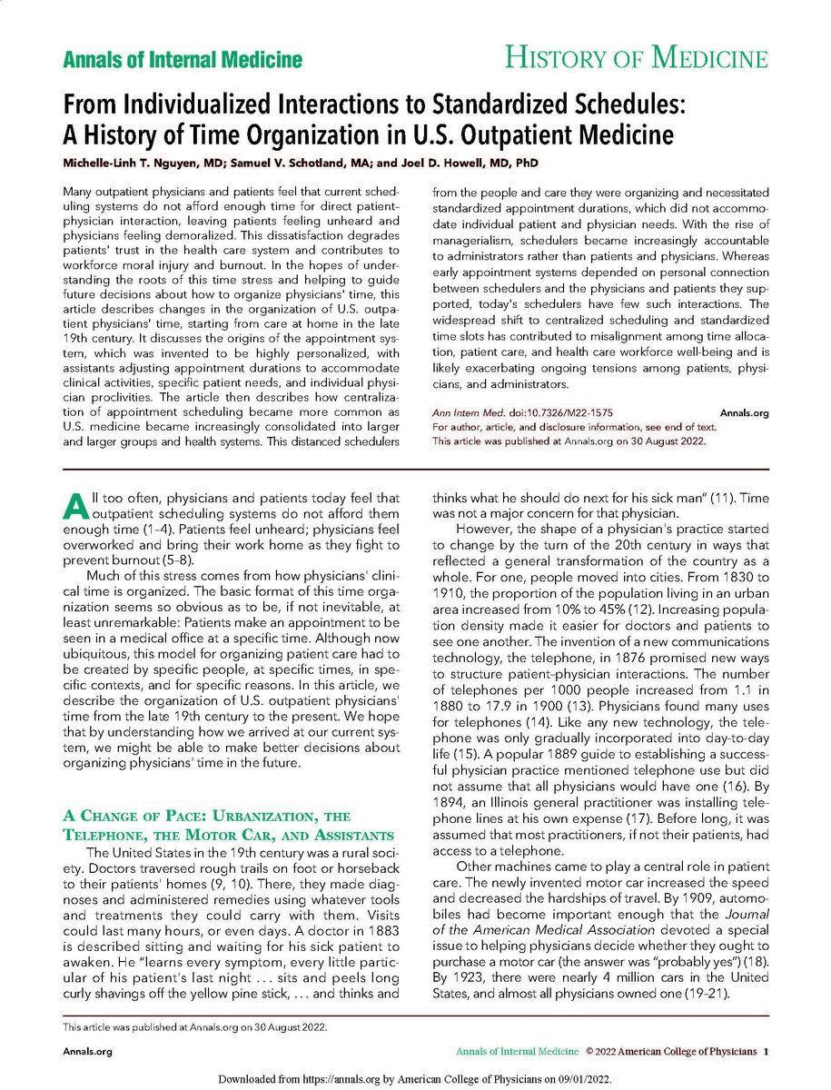 AnnalsofIM's tweet photo. New #HistoryOfMedicine from @JoelDHowell @mtlnmd @archives_Rx: From Individualized Interactions to Standardized Schedules: A History of Time Organization in U.S. Outpatient Medicine https://t.co/j163IHqJTK https://t.co/oCig63KysS