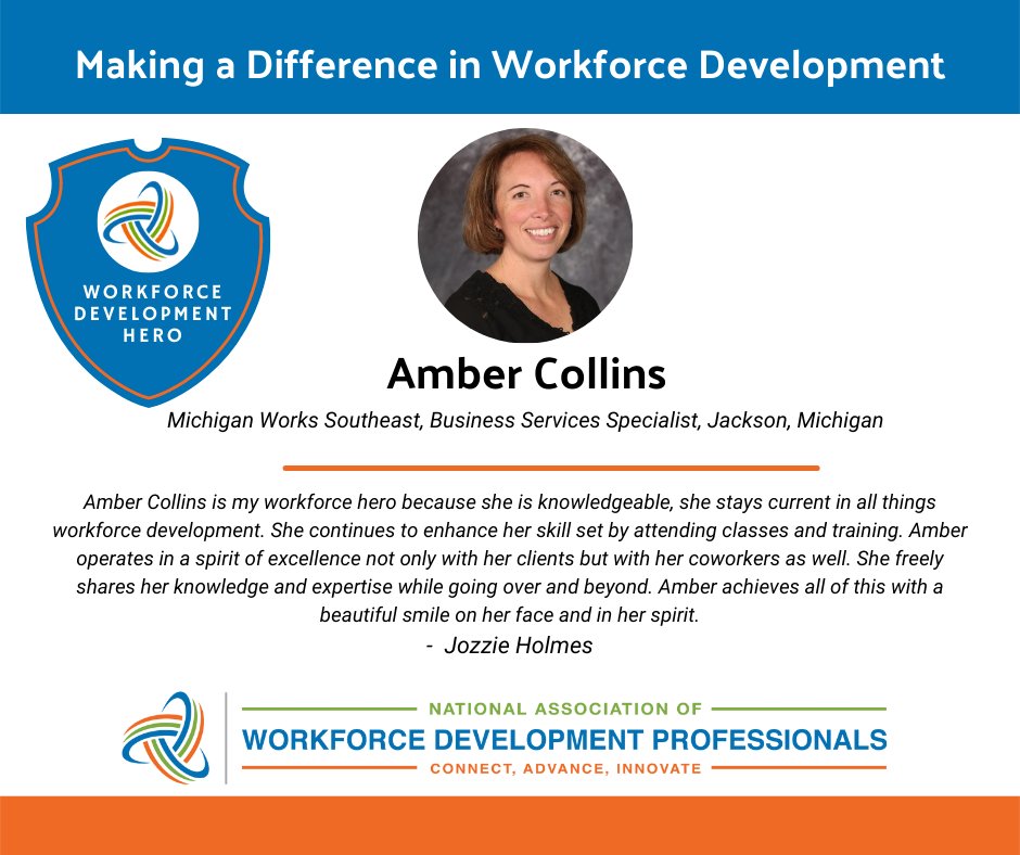 NAWDP's tweet photo. Help congratulate Amber Collins for being chosen as a Workforce Hero. Amber always operates with a spirit of excellence in everything she does. Her dedication to going above and beyond makes her a true workforce development hero. https://t.co/pAFKYuaC91
#WorkforceHero https://t.co/mCxVeUjvF2