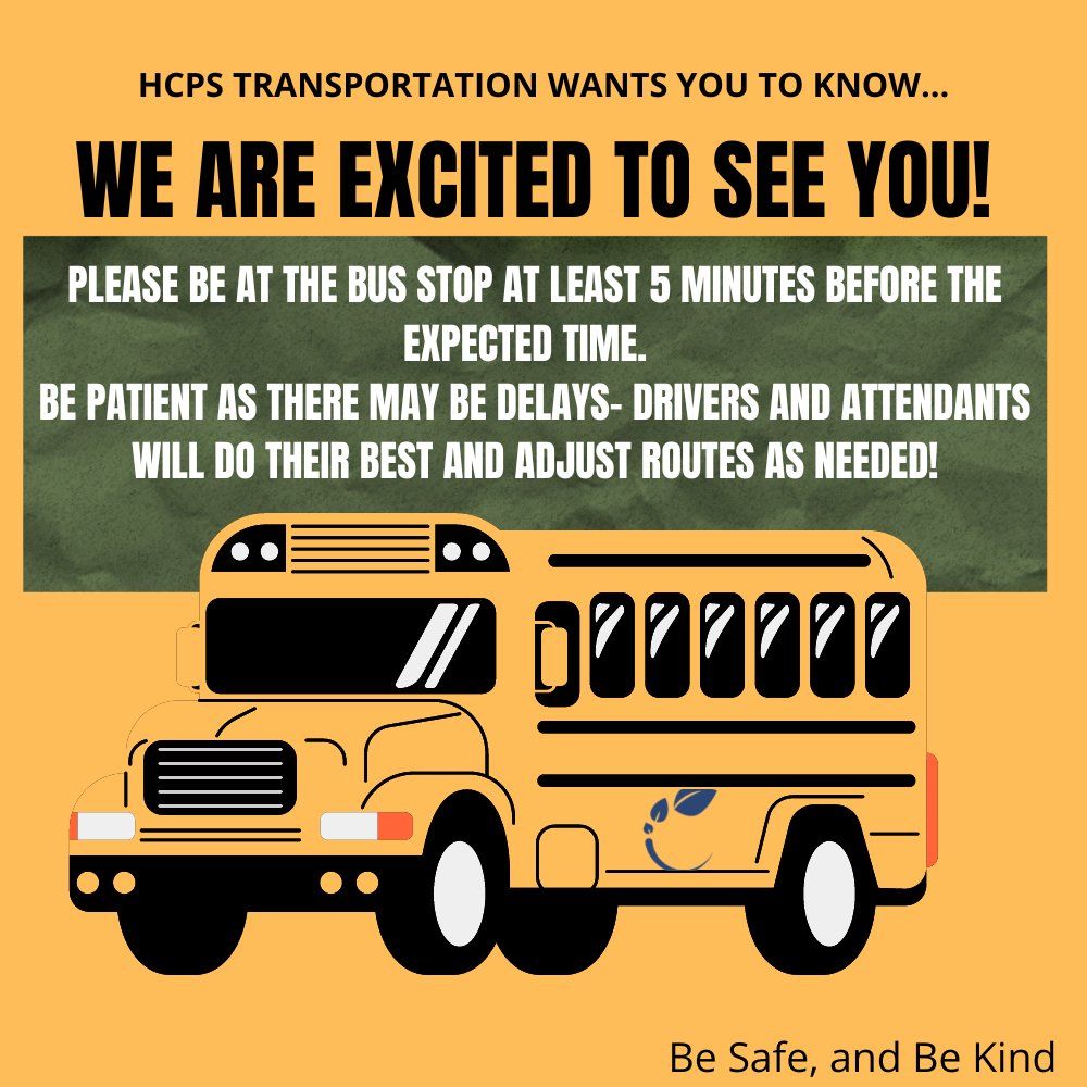 HCPSchools's tweet photo. Your bus driver or attendant may be the first HCPS staff member you see tomorrow and they are excited to see you! Follow bus safety rules like staying in your seat and "Be Safe and Be Kind" as we transport students safely to school! #HCPSproud #HCPStogether #HCPStransportation https://t.co/vp5ndmRDkR