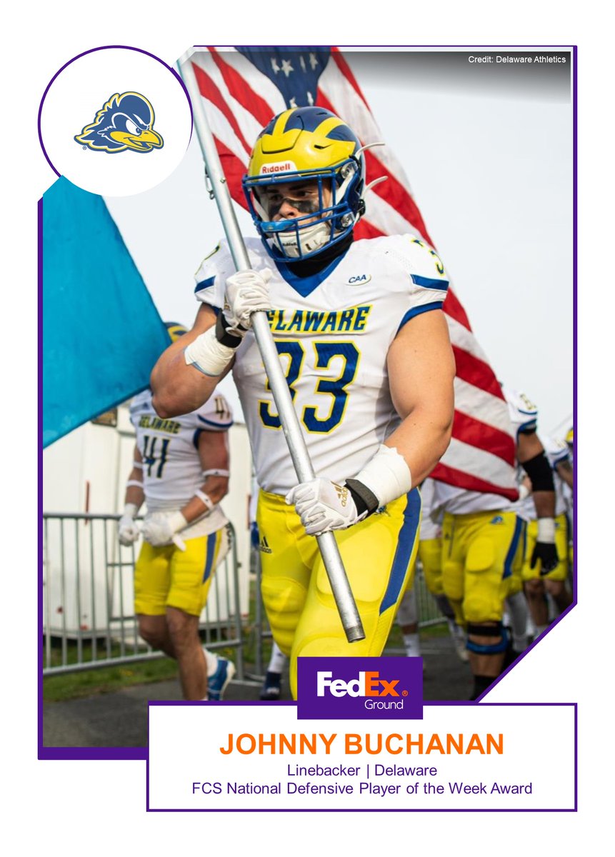 OptaAnalystFCS's tweet photo. FedEx Ground FCS National Defensive Player of the Week
Congratulations to @Delaware_FB LB Johnny Buchanan
Story: https://t.co/IsOygwQQOk
@FedExGround: https://t.co/h4GrIBr0ZN https://t.co/ila0BOUoyk