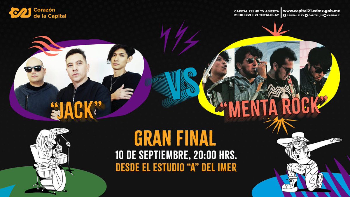 Capital21_Tv's tweet photo. ¡No te pierdas la GRAN FINAL de #MúsicaDeBarrio! 🎶

Acompaña a Claudio Martínez (@claudifonos) en la batalla entre Menta Rock 🆚 Jack 🎤

📅 Sábado 10 de septiembre, a las 20:00 h
📍 Desde el Estudio "A" del @imerhoy 
✅ Por nuestra señal de TV y redes sociales https://t.co/9PHvSZrnKP