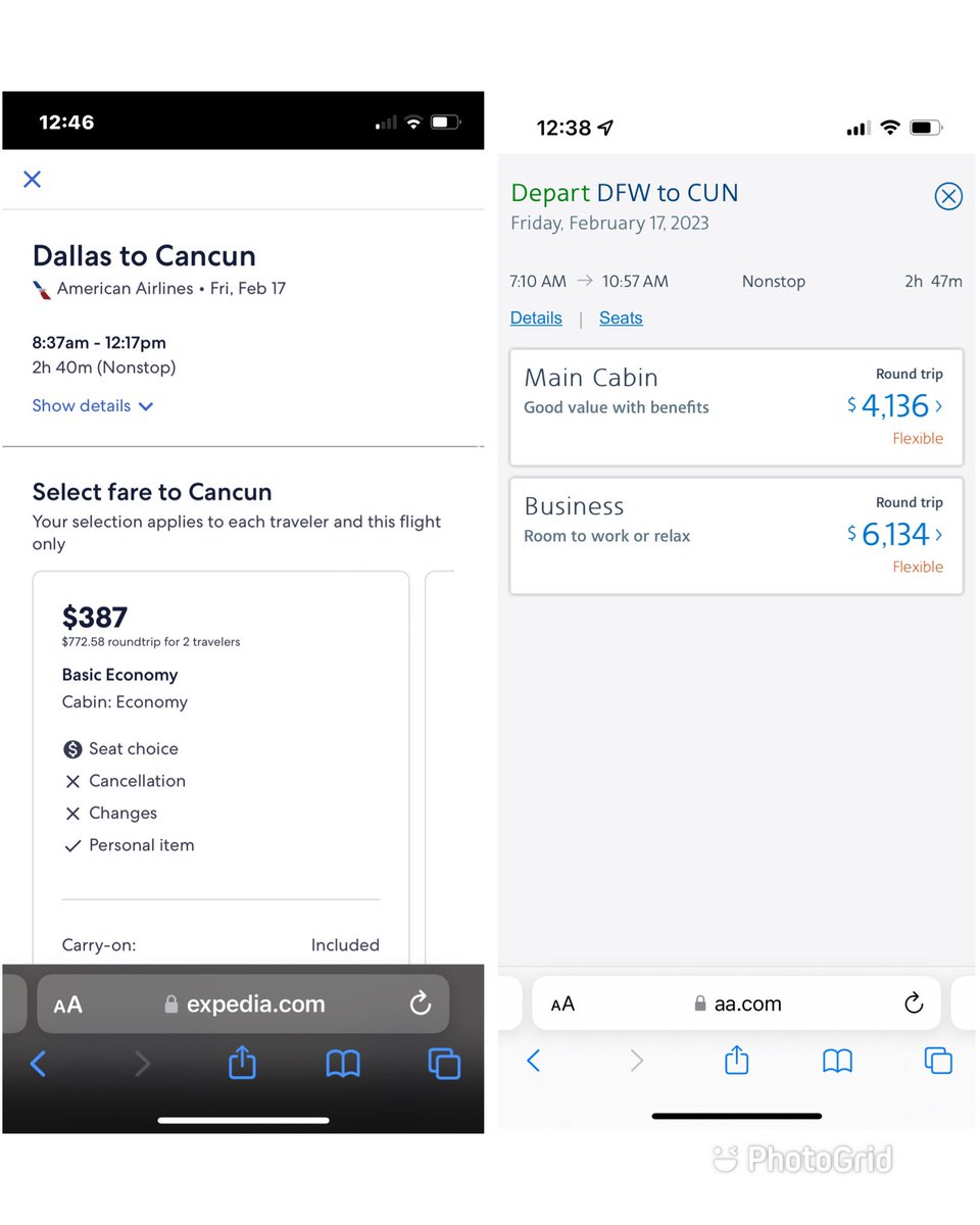 raulcab's tweet photo. @AmericanAir Can you help me understand the price difference on two websites for the same flight?? Just looking for a fair deal here. #AAdvantageMember https://t.co/ByEH8d704l