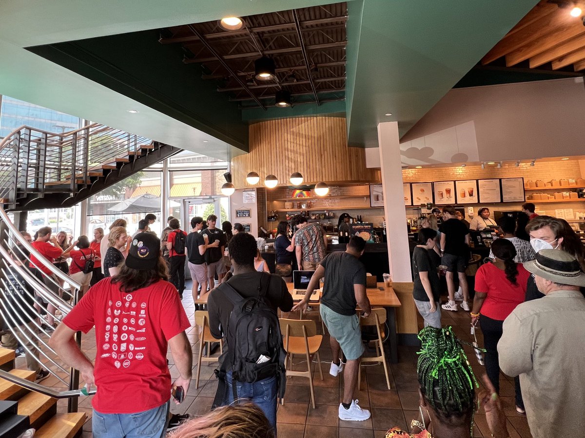 Our <a href="/SBWorkersUnited/">Starbucks Workers United</a> #HowellMill Solidarity Sip-In is underway! So awesome to see our union &amp; solidarity siblings! Shoutout to <a href="/atldemsoc/">Atlanta DSA</a>, <a href="/Teamsters/">Teamsters</a>, <a href="/steelworkers/">United Steelworkers Union</a>, <a href="/unitehere/">UNITE HERE</a>, <a href="/fightfor15/">fightfor15</a>, <a href="/DriveBIDG/">Boston Independent Drivers Guild</a>, and <a href="/SEIU/">SEIU</a>! If you stopped by, drop a comment! #NoContractNoCoffee #LaborDay