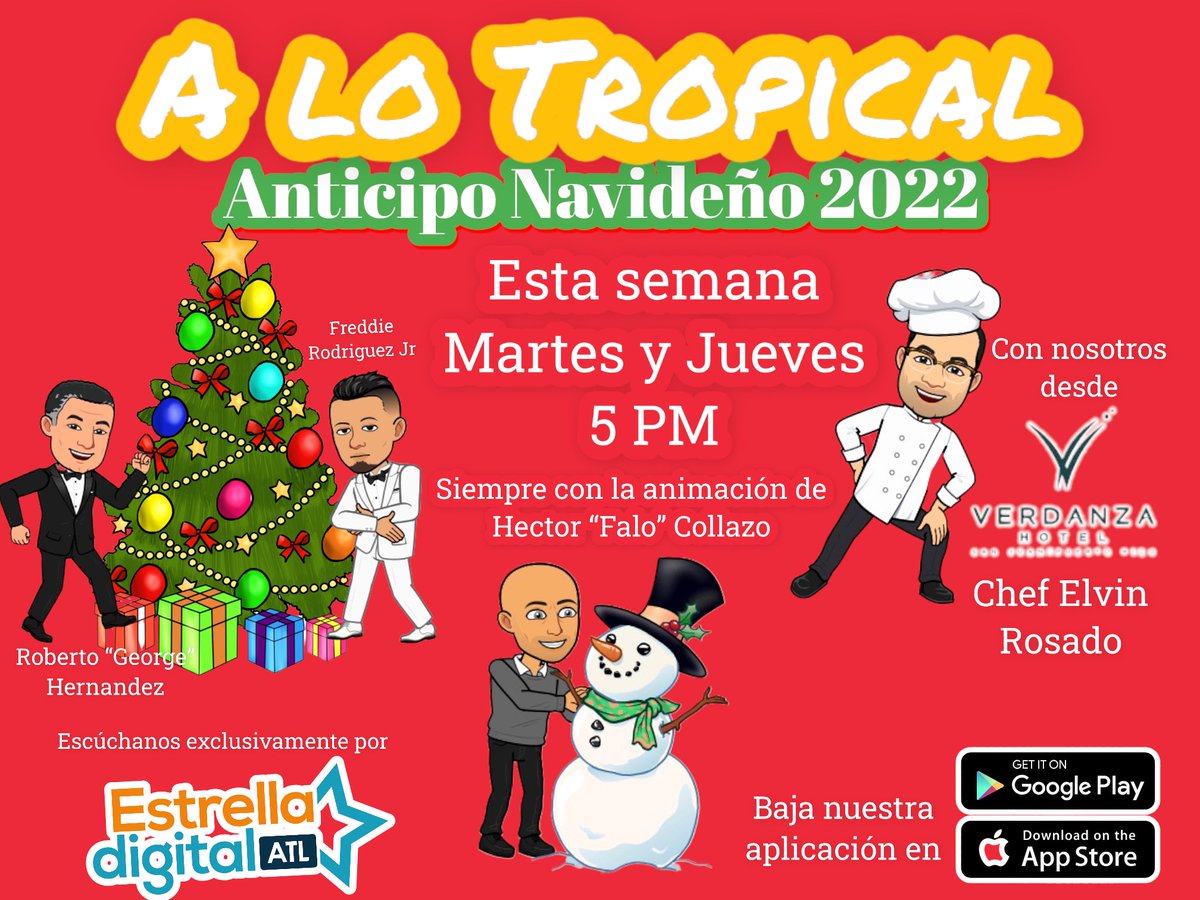 ALoTropical's tweet photo. Esta semana en A lo tropical es nuestro Anticipo Navideño 2022
Desde @Verdanzahotel el chef Elvin Rosado escúchanos por @estrella_atl https://t.co/yR3rfKPIl4