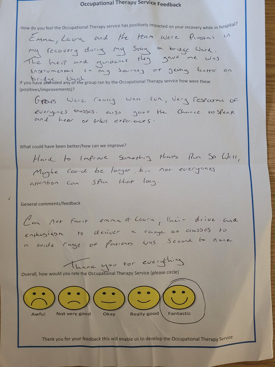 More amazing feedback about the service myself and @LauratomkinsB deliver - we just need more OTs @JR_MerseyCare so we can deliver more #powerofOT #groupwork #therapy #OccupationalTherapy #AHP #BrookerCentre #Rehabilitation