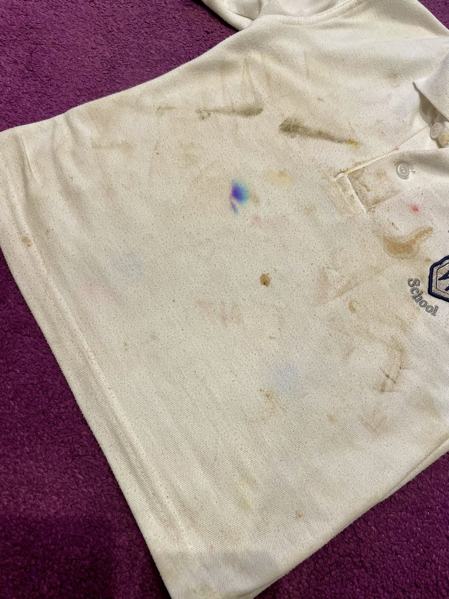LouiseAJ1's tweet photo. First day back at #school for Master 5.4yr old…and first day back to Extreme Laundry for me 😭 (The shirt was pure white this morning, I promise!) Trying out to figure out what he got up to today by forensically examining the stains #sciencemum #BackToSchool https://t.co/mQDlGXk5vK
