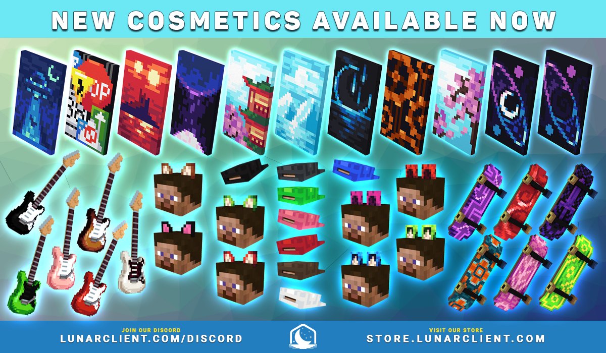 LunarClient's tweet image. Our new limited-edition cosmetics are now available and 15% off at store.lunarclient.com. 🥳

Retweet, Like, and Follow for a chance to win 5x cosmetics of your choice! 🎸

Giveaway and sale ends in 3 days! ⏳