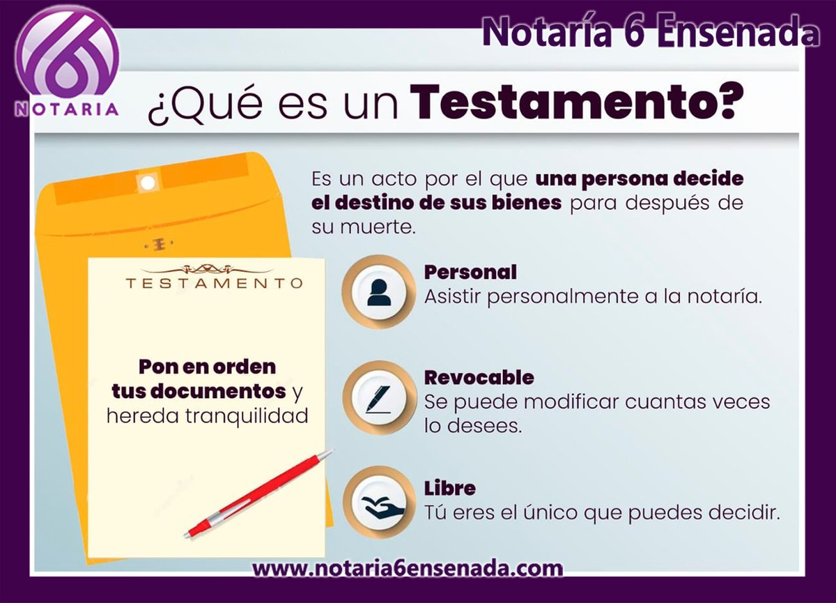 Notaria6Ens's tweet photo. El Testamento
Es un acto por el que una persona decide el destino de sus bienes para después de su muerte.
Personal. Asistir personalmente a la notaría.
Revocable. Se puede modificar cuantas veces lo desees.
Libre. Tú eres el único que puedes decidir #SeptiembreMesDelTestamento https://t.co/9DYxG2n0PZ