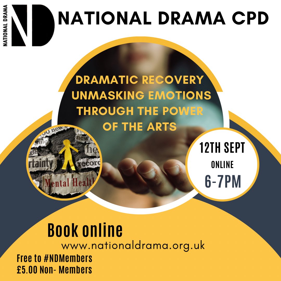 Have you seen the 1st of our Autumn #NDCPD offers. We’re excited to be working with <a href="/dramaticrecover/">dramatic recovery.</a> on 12th Sept 6-7pm ‘Dramatic Recovery: Unmasking emotions through the power of the arts’ A chance to explore, improve &amp; address mental health issues. nationaldrama.org.uk/events/dramati…
