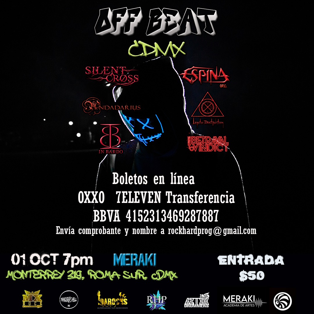 espinaoficial's tweet photo. Off beat #CDMX 🎧
Alterna tus sentidos con #Espina desde #Queretaro, #SilentCross, @LeviticDestruc1, #InBardo, @FBTVTheBand y @Andadarius_Band😈🤟
📍Meraki 7 p.m.
#RockHardProgProds
#AztekDrummers
#Idarocks
@mxrock_
#PandorasHellMx
#Merakiforo https://t.co/EguvRNYqRN