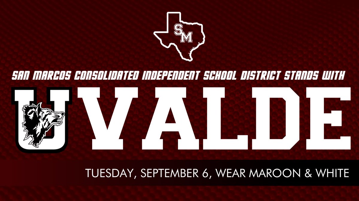 Join #SMCISD and schools throughout Texas in supporting Uvalde CISD as they begin their school year. We encourage you to wear maroon and white Tuesday, September 6, to show your support for Uvalde students, staff, and families. #UvaldeStrong
