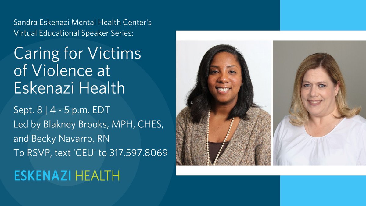 EskenaziHealth's tweet photo. We invite all to attend our virtual educational speaker series on Sept. 8 from 4 – 5 p.m. Those interested can text “CEU” to 317.597.8069 to RSVP. Eligible participants (LMHC, LMFT and LCSW) can earn continuing education units (CEUs) by attending. https://t.co/JwffsQxx2W
