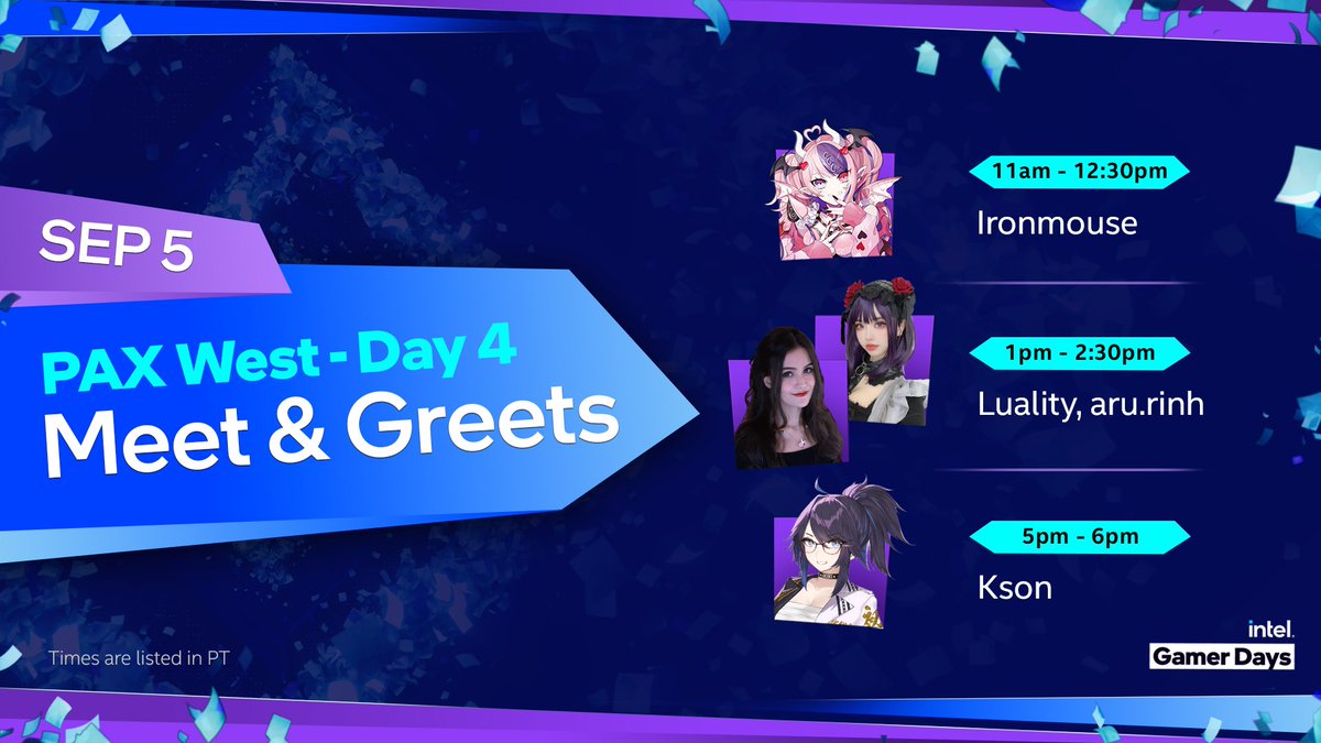 Our final Meet and Greet lineup 👇

Last chance to meet @ironmouse, @luality, @arurinh_, and @ksononair before #PAXWest is over! #IntelatPAX #IntelGamerDays