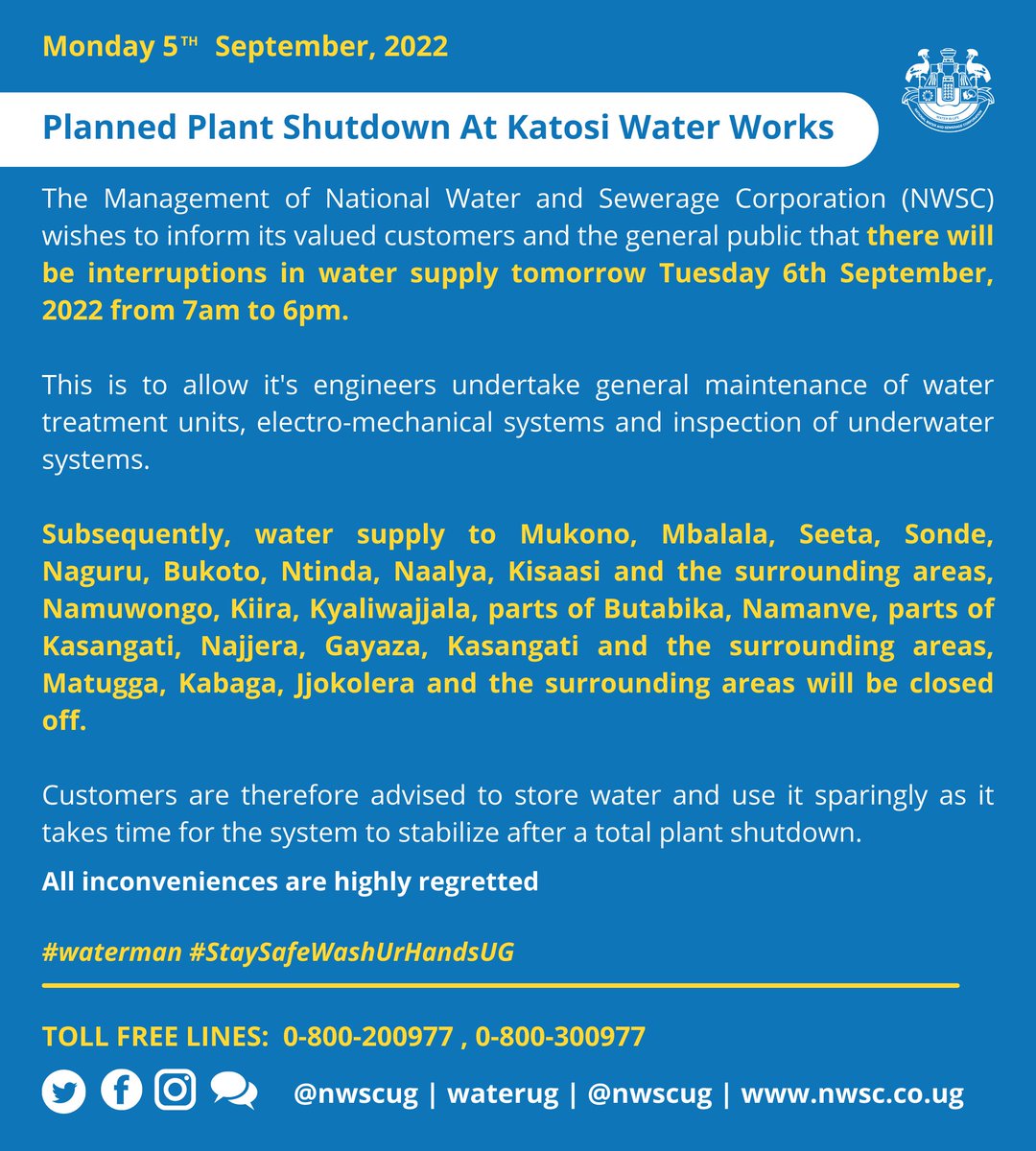 nwscug's tweet photo. URGENT:
Planned Plant Shutdown At Katosi Water Works
NWSC wishes to inform its valued customers and the general public that there will be interruptions in water supply tomorrow Tuesday 6th September, 2022 from 7am to 6pm. @NWSCMD #NwscUpdates https://t.co/CZ52YSaBbC
